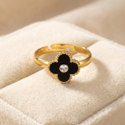 Stunning Black Clover & Gold Adjustable Ring