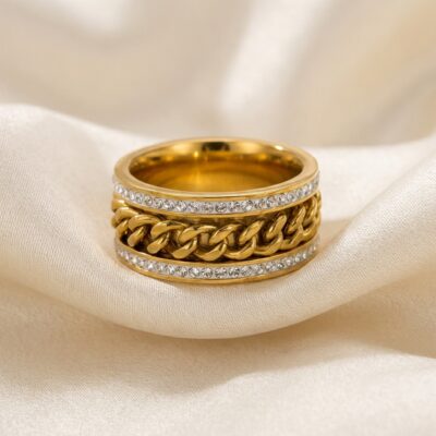Luxury Gold Cuban Chain Ring with Zirconia Crystals