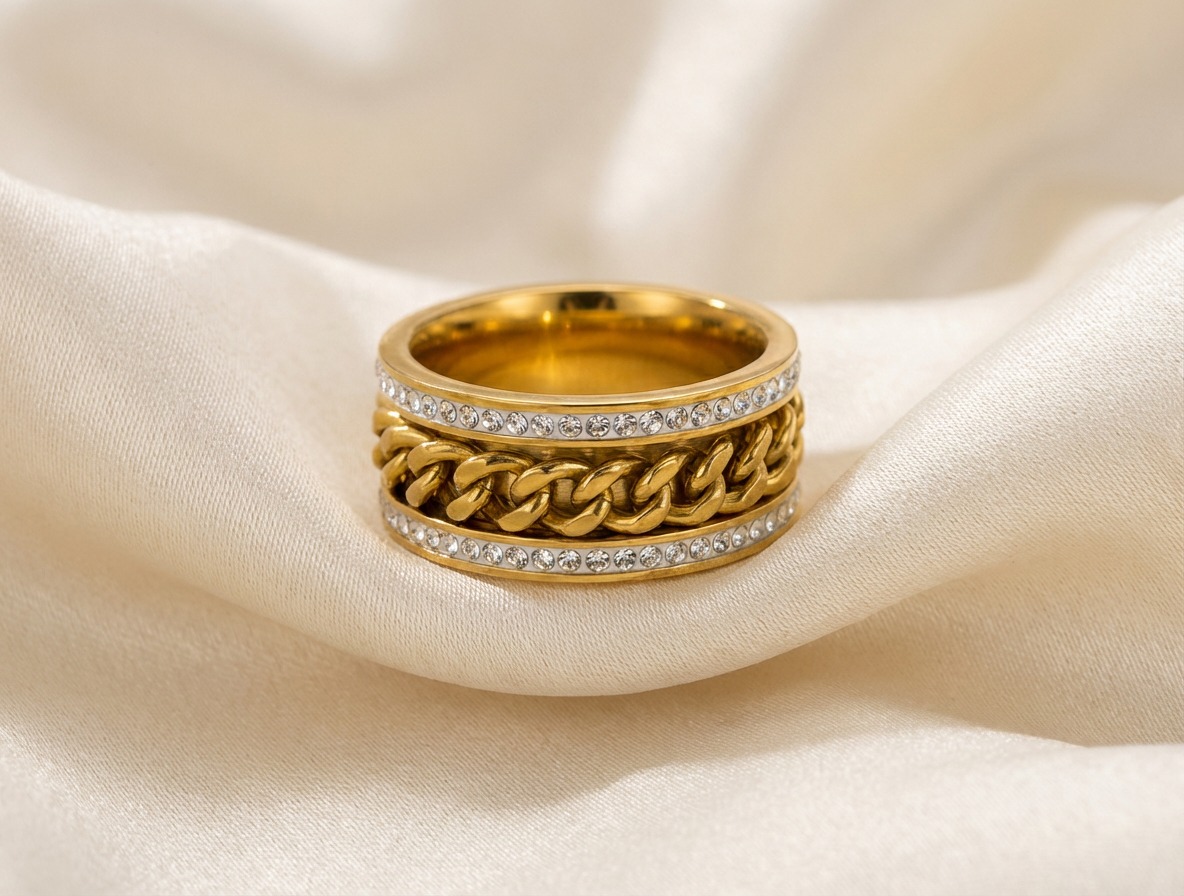 Luxury Gold Cuban Chain Ring with Zirconia Crystals