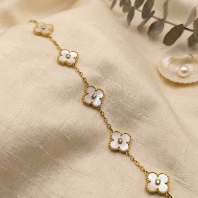 Timeless Elegance: Gold & Mother-of-Pearl Clover Station Bracelet