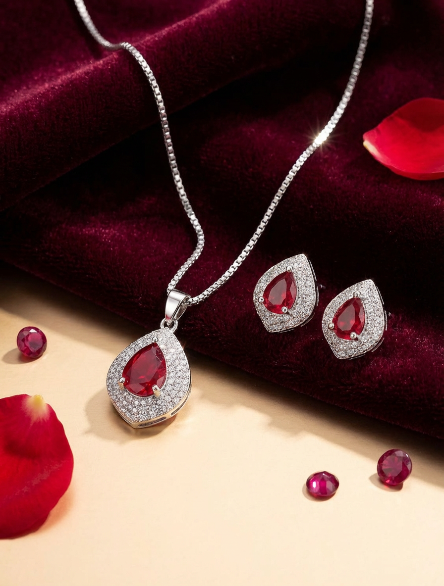Radiant Ruby: Silver-Tone Teardrop Halo Necklace & Earring Set