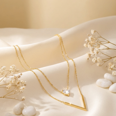 Modern Love: Layered Gold Necklace with Heart Solitaire & Chevron Pendant