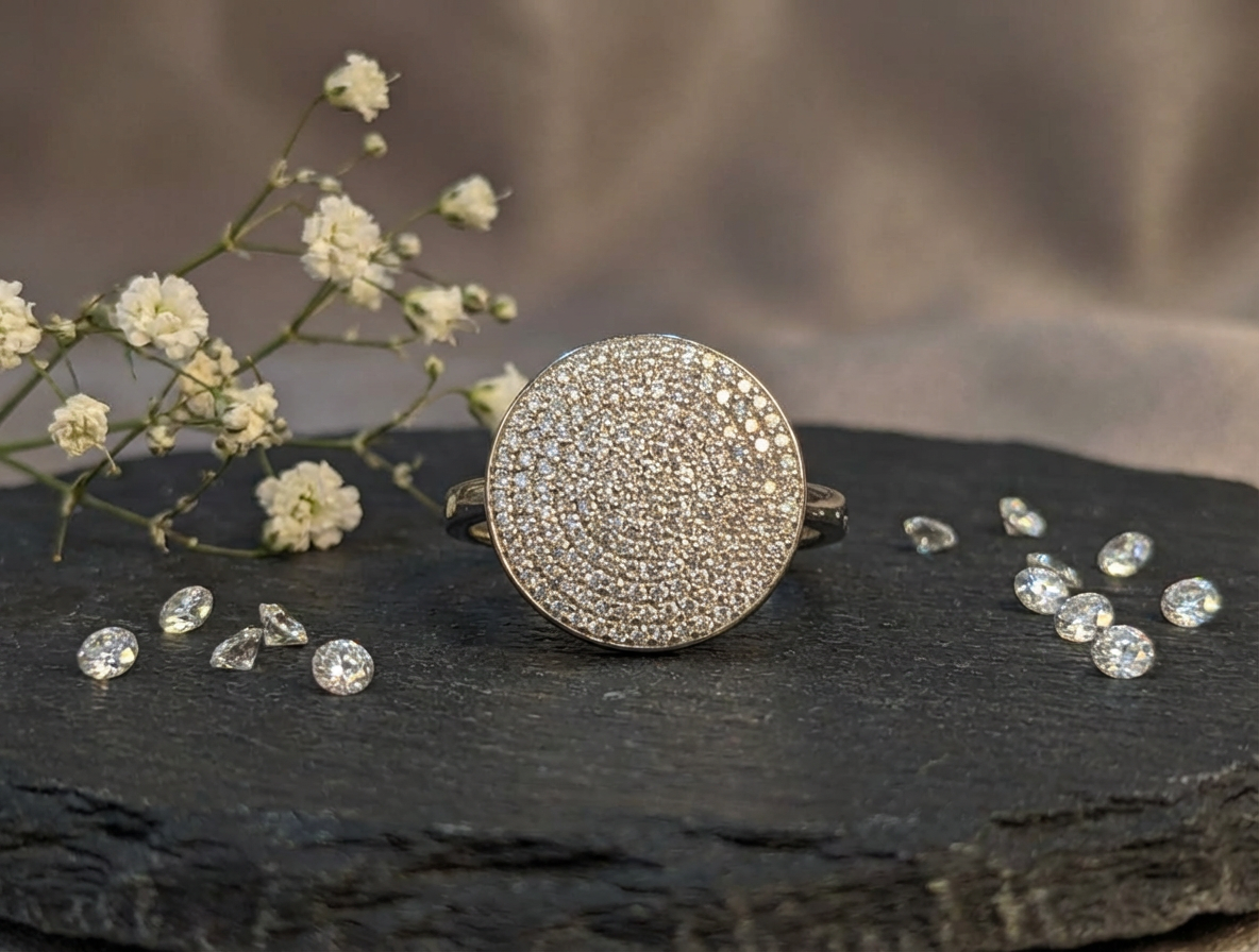 Starlight: Silver Pavé Crystal Disc Statement Ring - Image 2