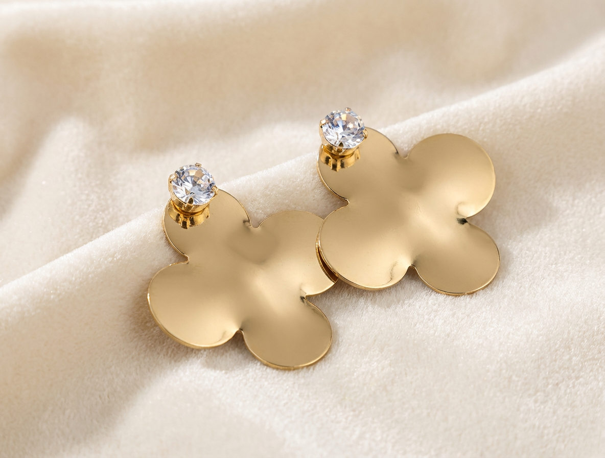 Gilded Clover: Gold Statement Earrings with Solitaire Crystal Studs - Image 2