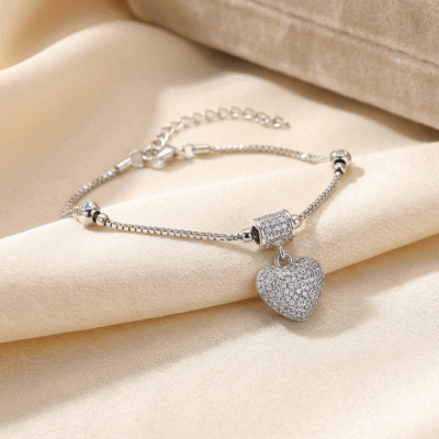 Elegant Sparkle: Silver Heart Charm Bracelet