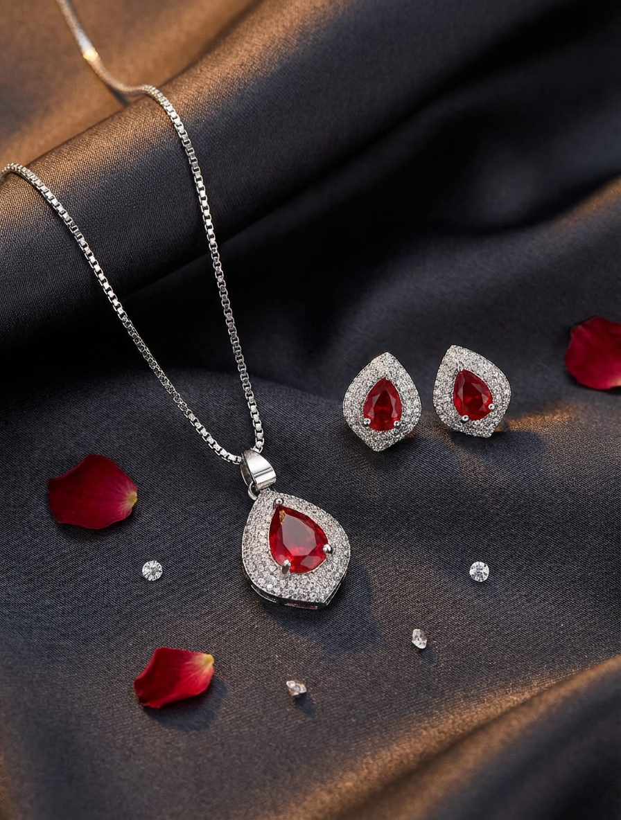 Radiant Ruby: Silver-Tone Teardrop Halo Necklace & Earring Set - Image 2