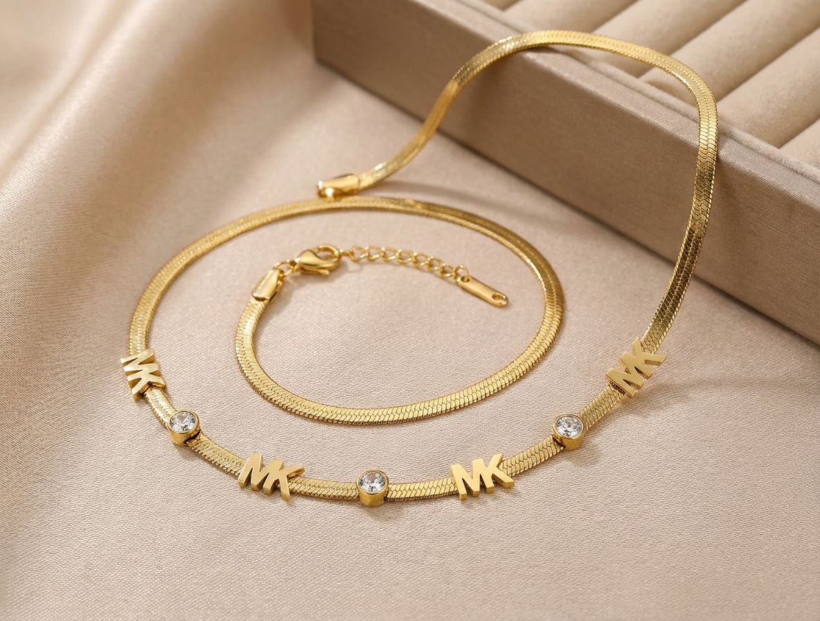 Luxe Monogram 'MK' Gold Snake Chain Necklace with Crystal Stations - Image 2