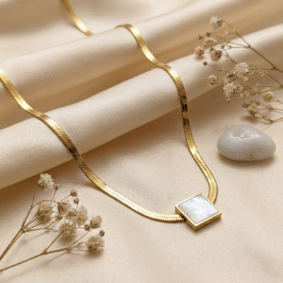 Chic Geo: Gold Snake Chain Necklace with Mother-of-Pearl Square Pendant