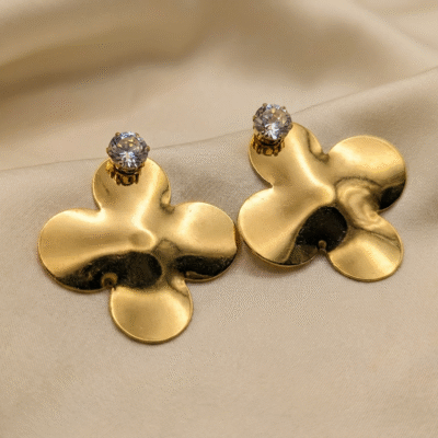 Gilded Clover: Gold Statement Earrings with Solitaire Crystal Studs