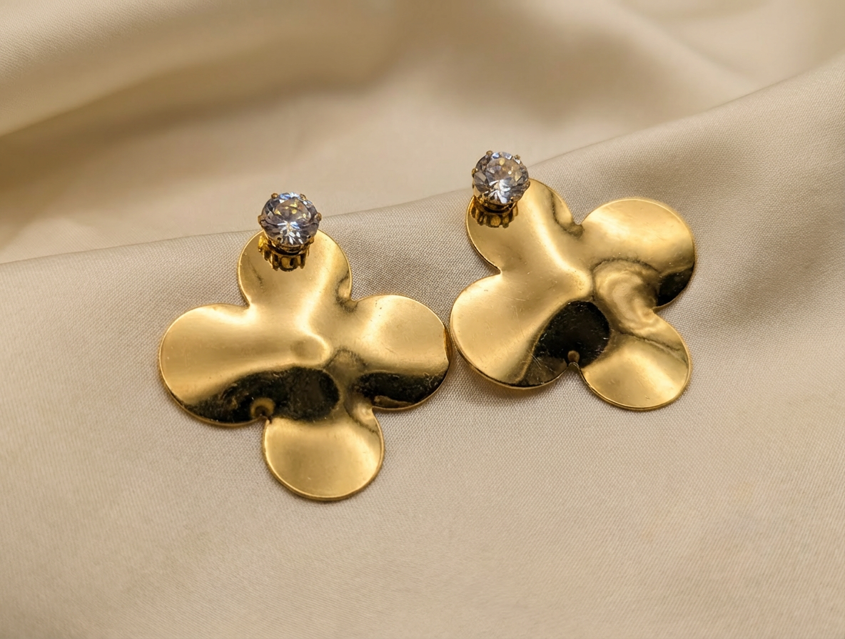 Gilded Clover: Gold Statement Earrings with Solitaire Crystal Studs