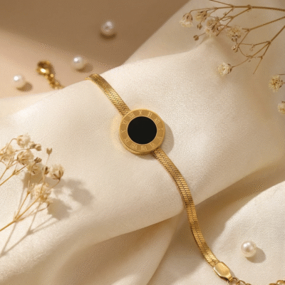 Timeless Elegance: Gold Roman Numeral & Black Disc Snake Chain Bracelet